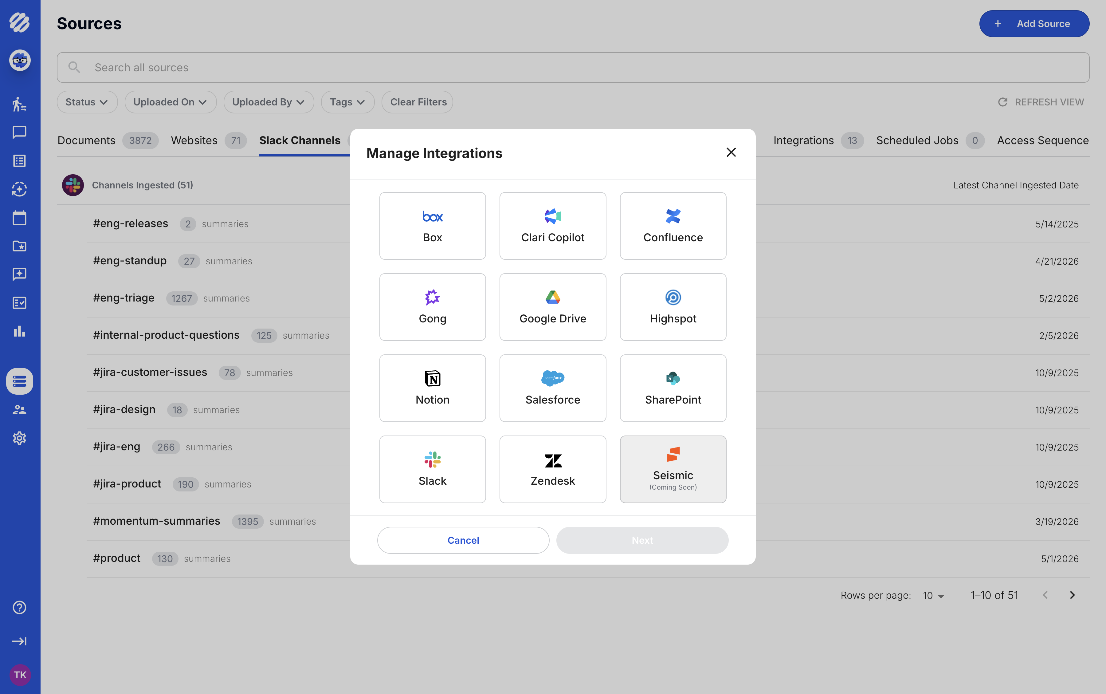 Tribble sources page showing connected enterprise integrations and managed knowledge sources